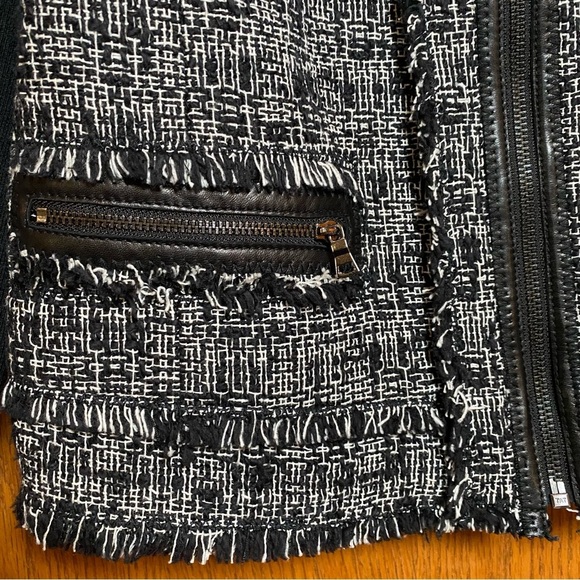 REBECCA TAYLOR Sz 4 Black/White Tweed Zip Lined Jacket Lamb Leather Accents - Picture 4 of 16